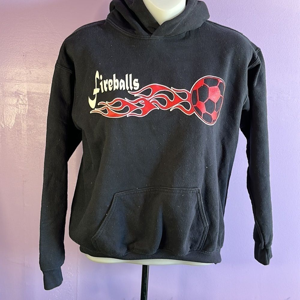 Gildan Kids Black Pullover Hoodie Soccer Theme Graphic Sweatshirt Size Large
